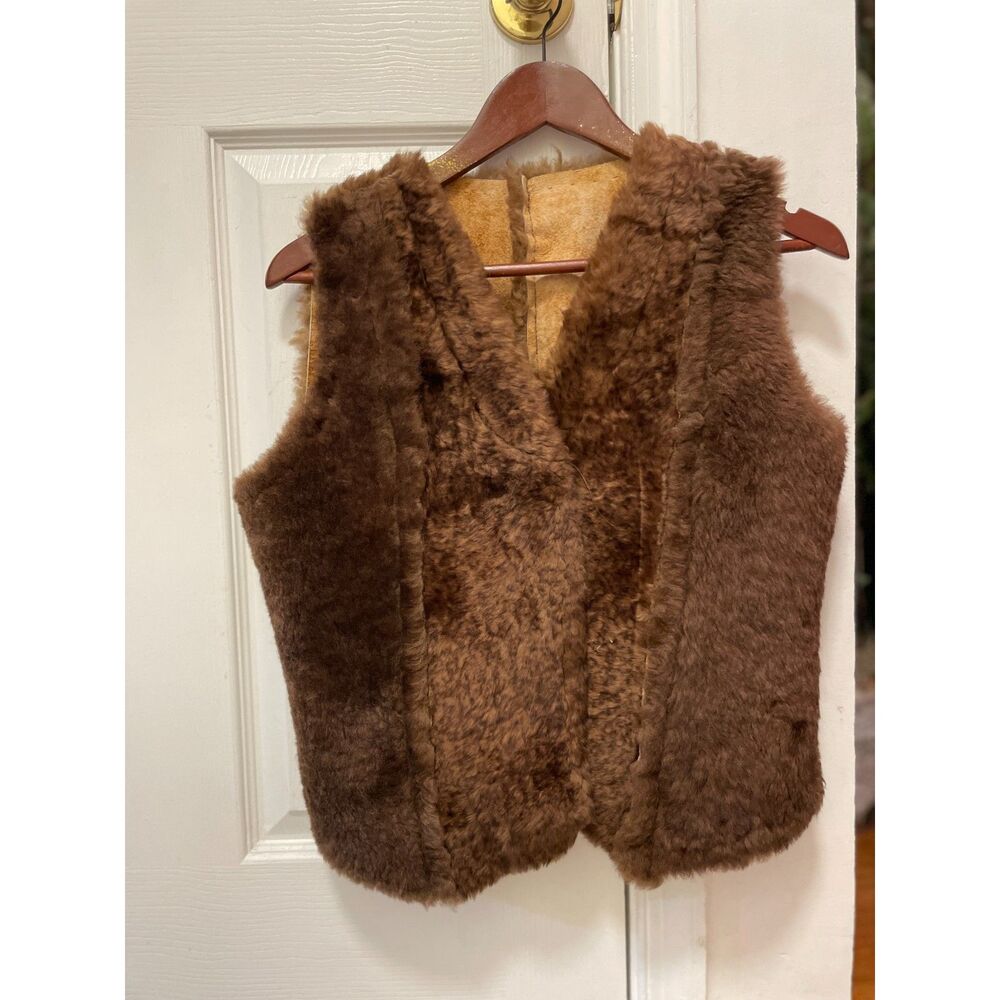 Vintage Real Shearling Sheepskin Vest Brown Suede Fur Lined Boho Western Cropped